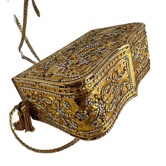 Rare Vintage JUDITH LEIBER Minaudière Gold Crystal Gilded Stamp Clutch Bag - Picture 10 of 16